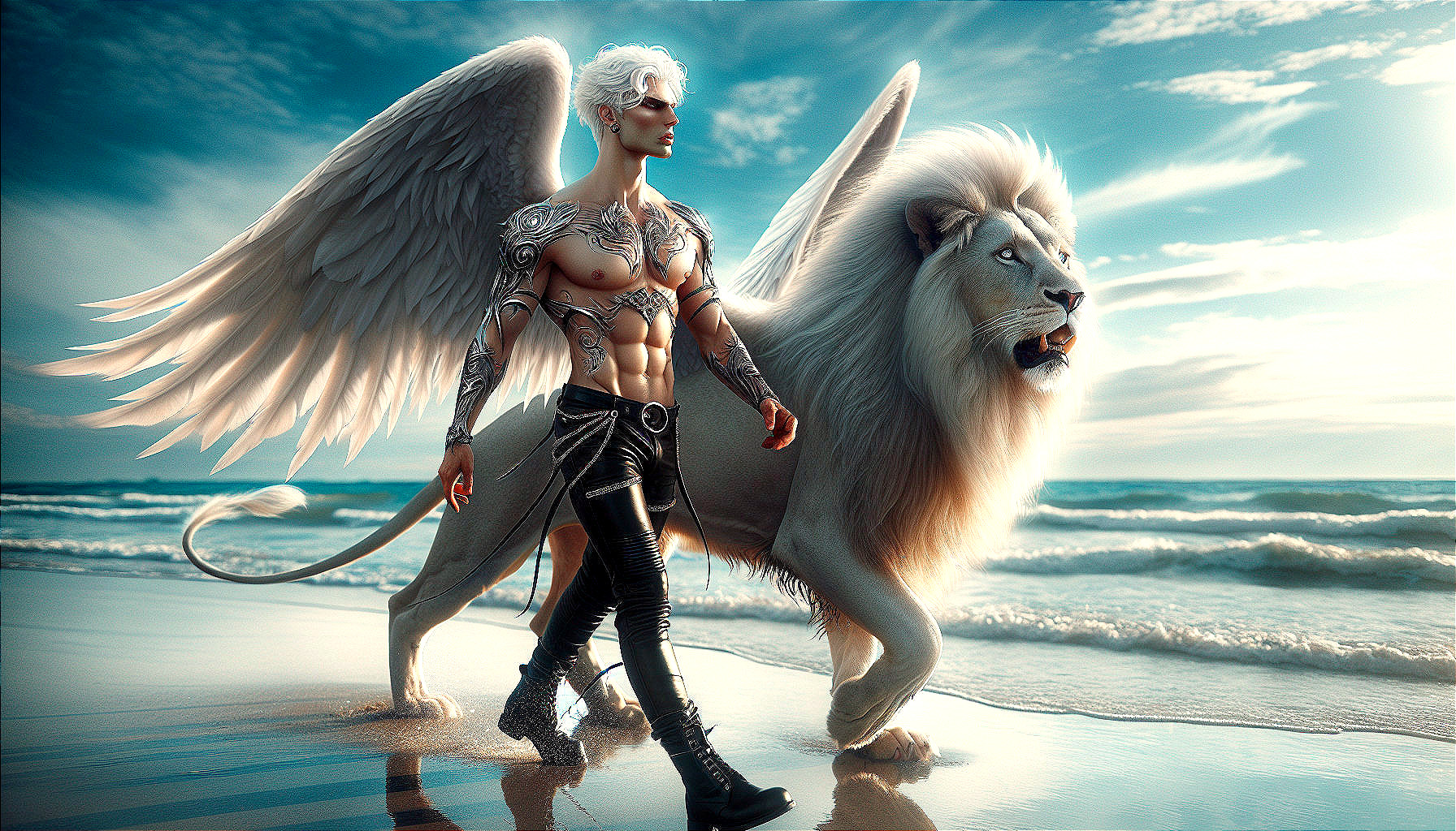 White-haired figure with wings and lion on beach