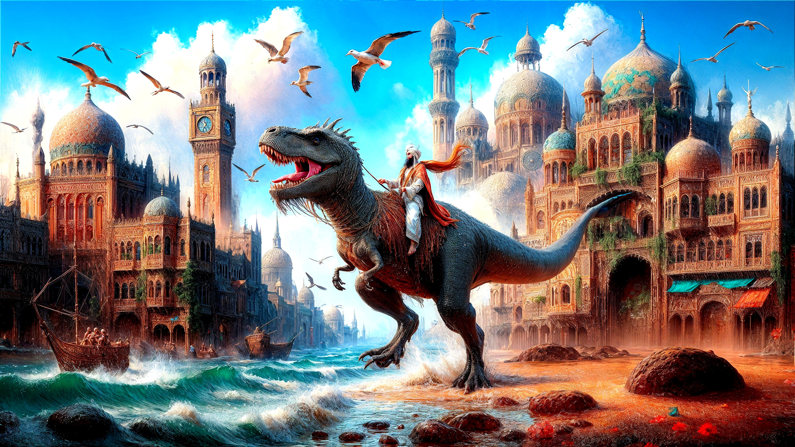 Rider on T-Rex in a Colorful Fantasy Landscape