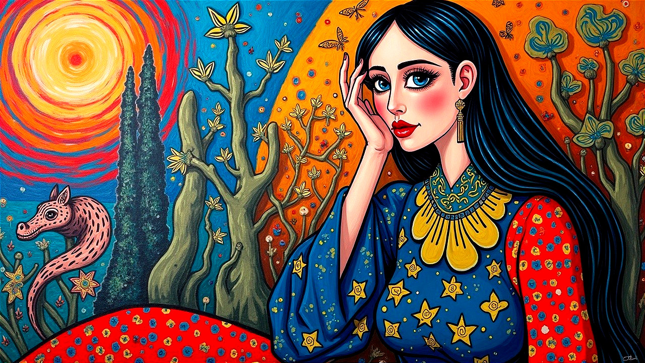 Woman in Blue Dress with Stars Against Vibrant Background