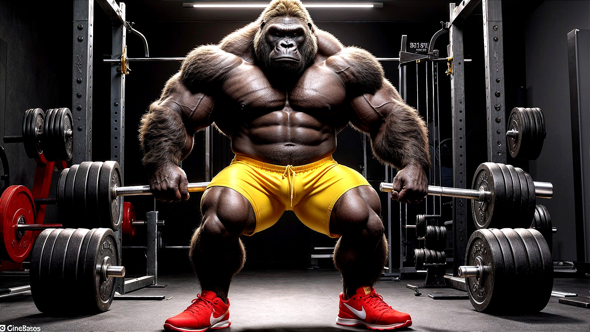 Muscular Gorilla Lifting Weights in Dim Gym Setting