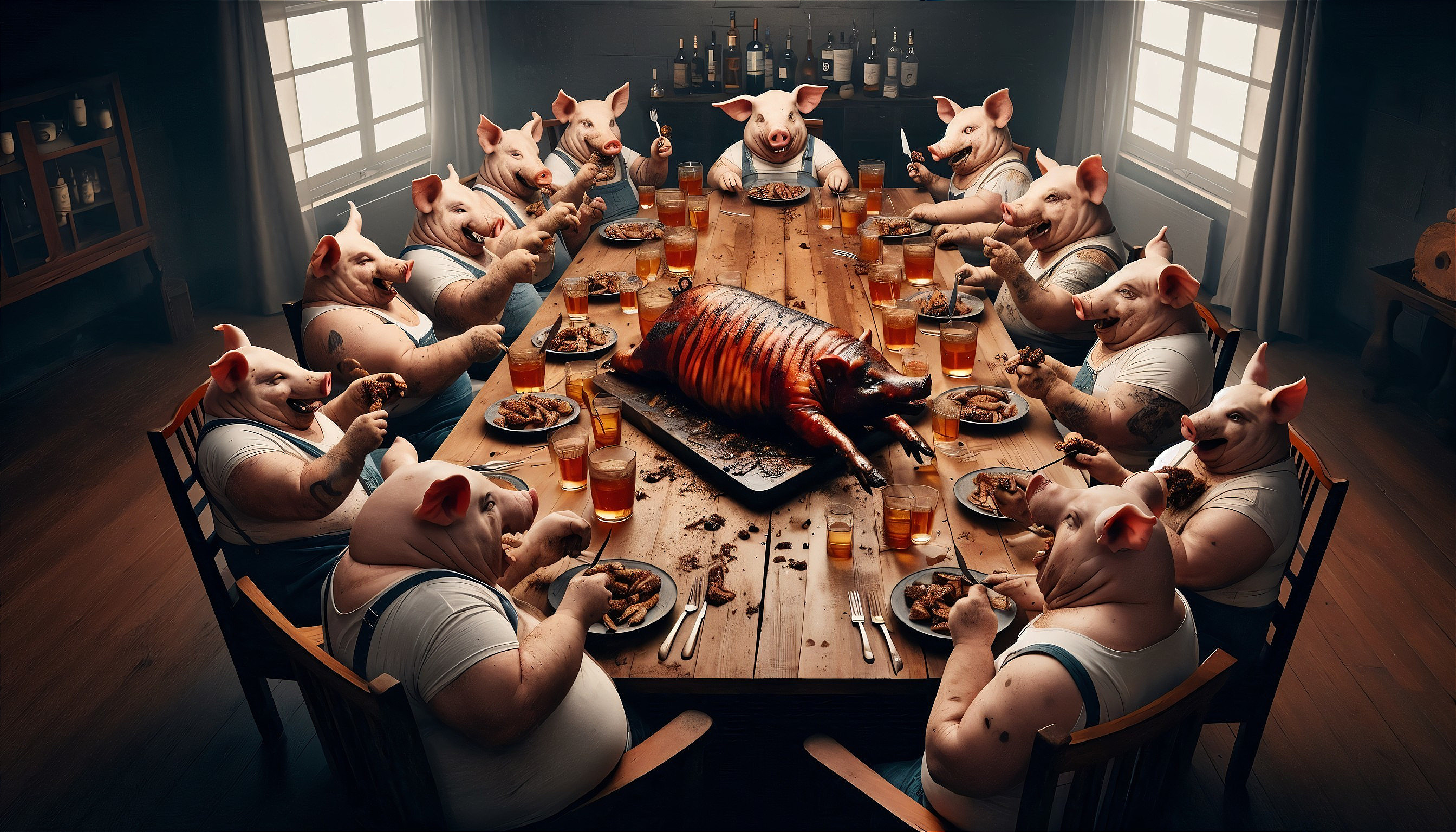 Whimsical Feast with Anthropomorphic Pigs Dining Together