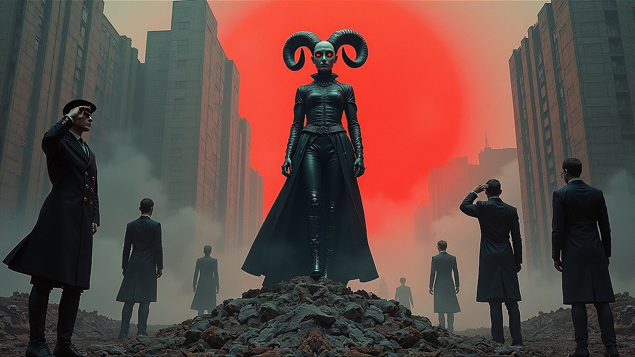 Dystopian Scene with Horned Figure and Saluting Soldiers