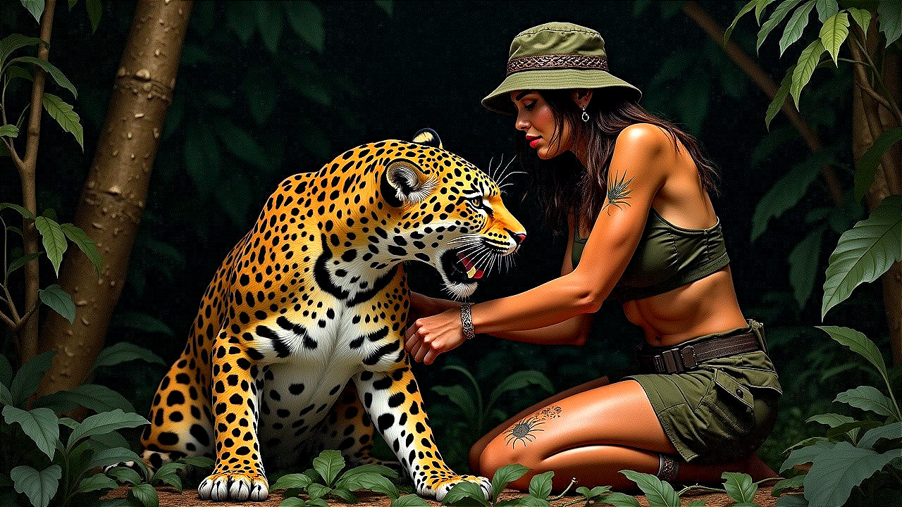 Woman in Tactical Attire with Leopard in Jungle Setting