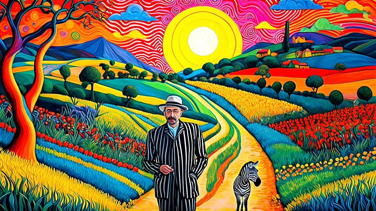 Surreal Landscape with Man and Zebra in Colorful Fields