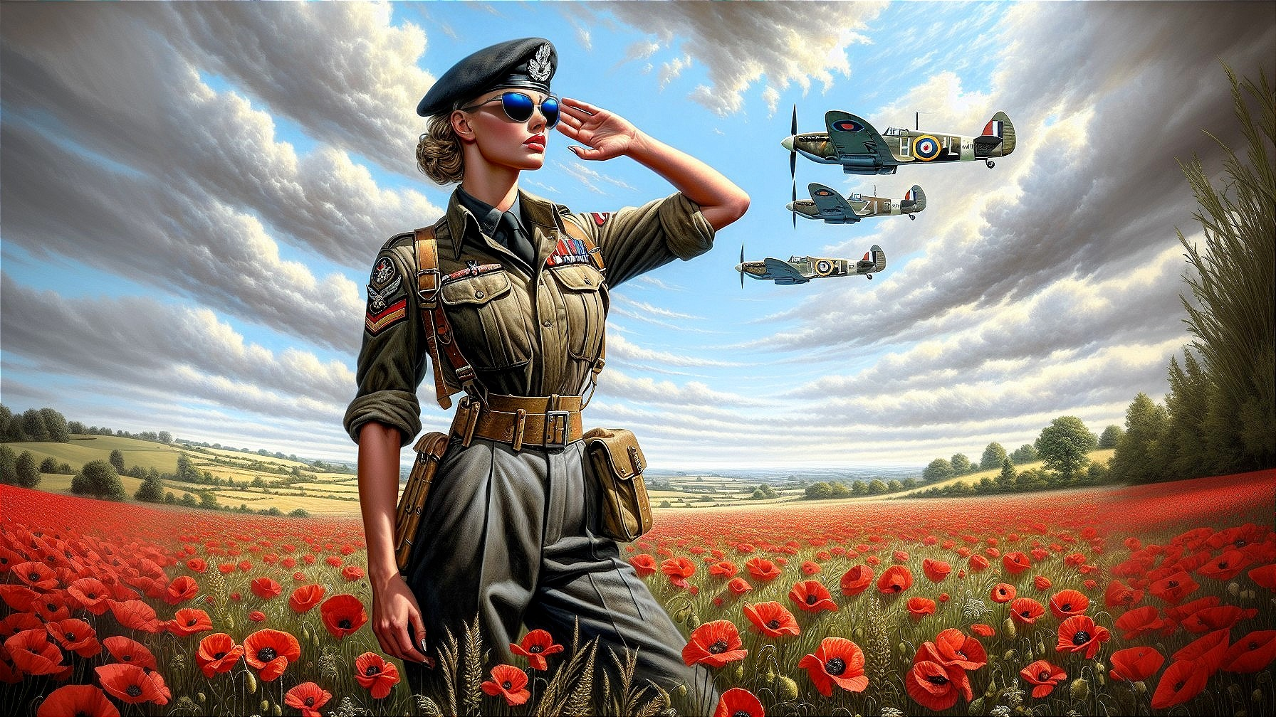 Woman in Military Uniform Saluting in Poppy Field