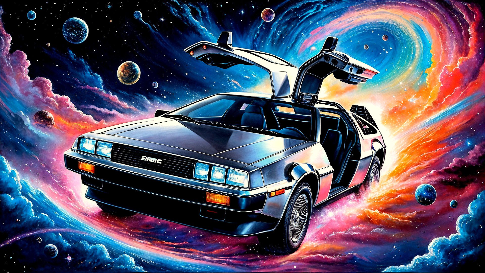 Futuristic Silver DeLorean in Cosmic Space Scene
