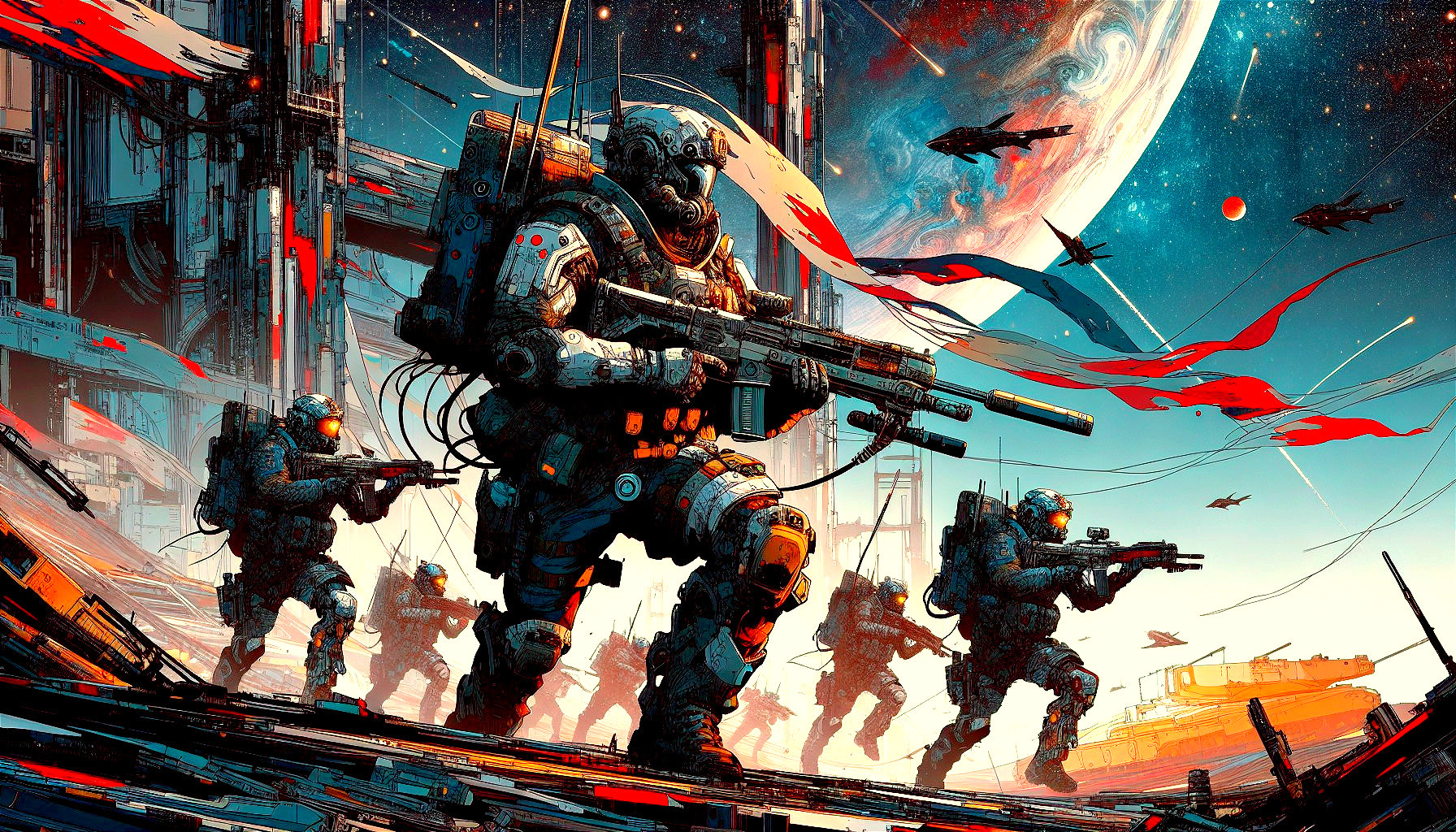 Armored Soldiers in Vibrant Alien Landscape