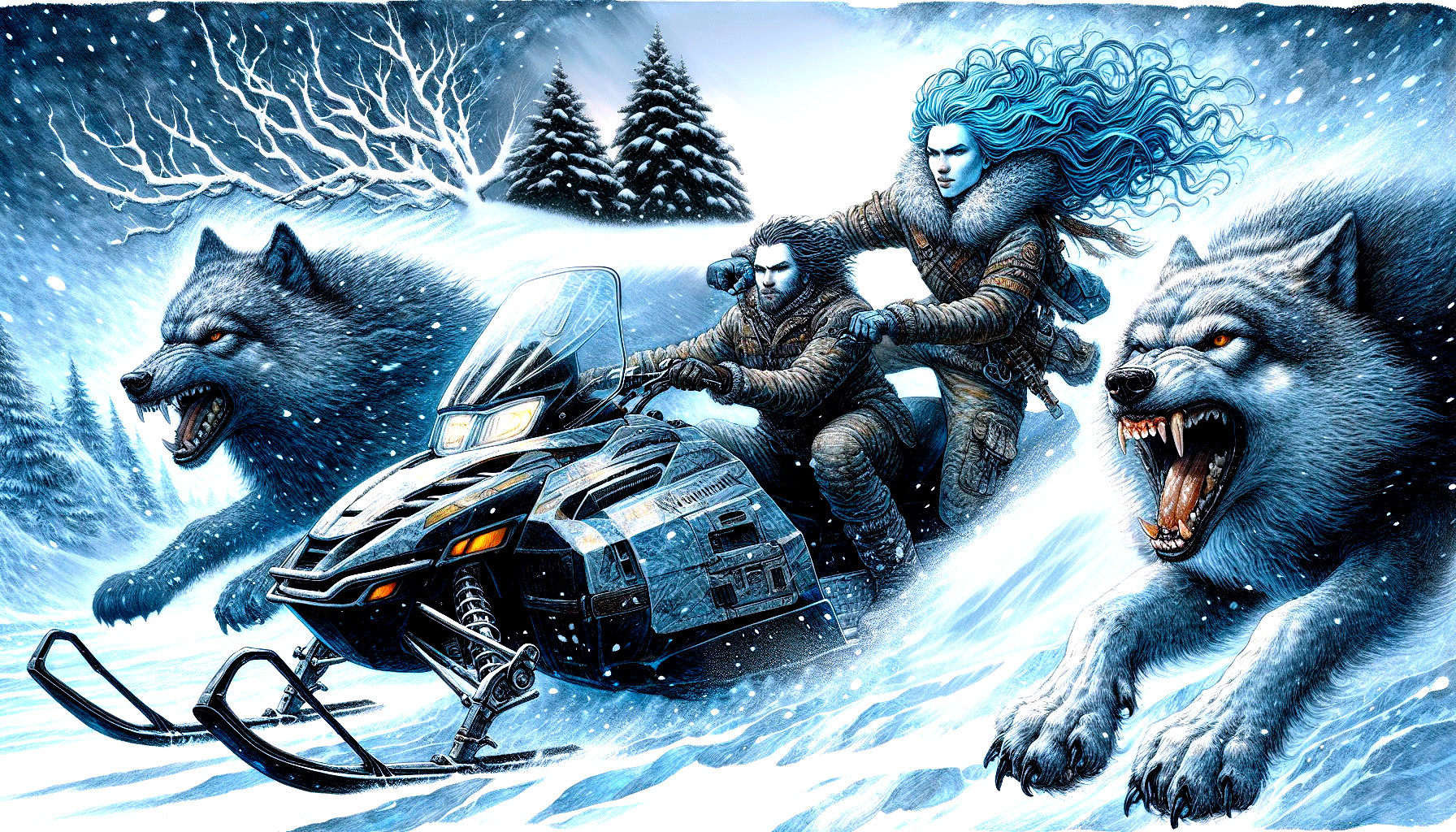 Snowmobile Escape in a Snowy Forest with Wolves