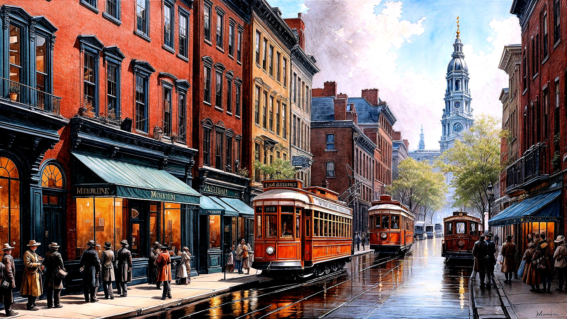 Early 20th Century City Street with Vintage Shops