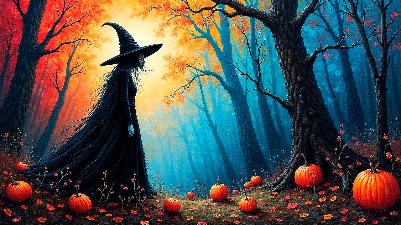 Witch in a Mystical Forest with Autumn Pumpkins
