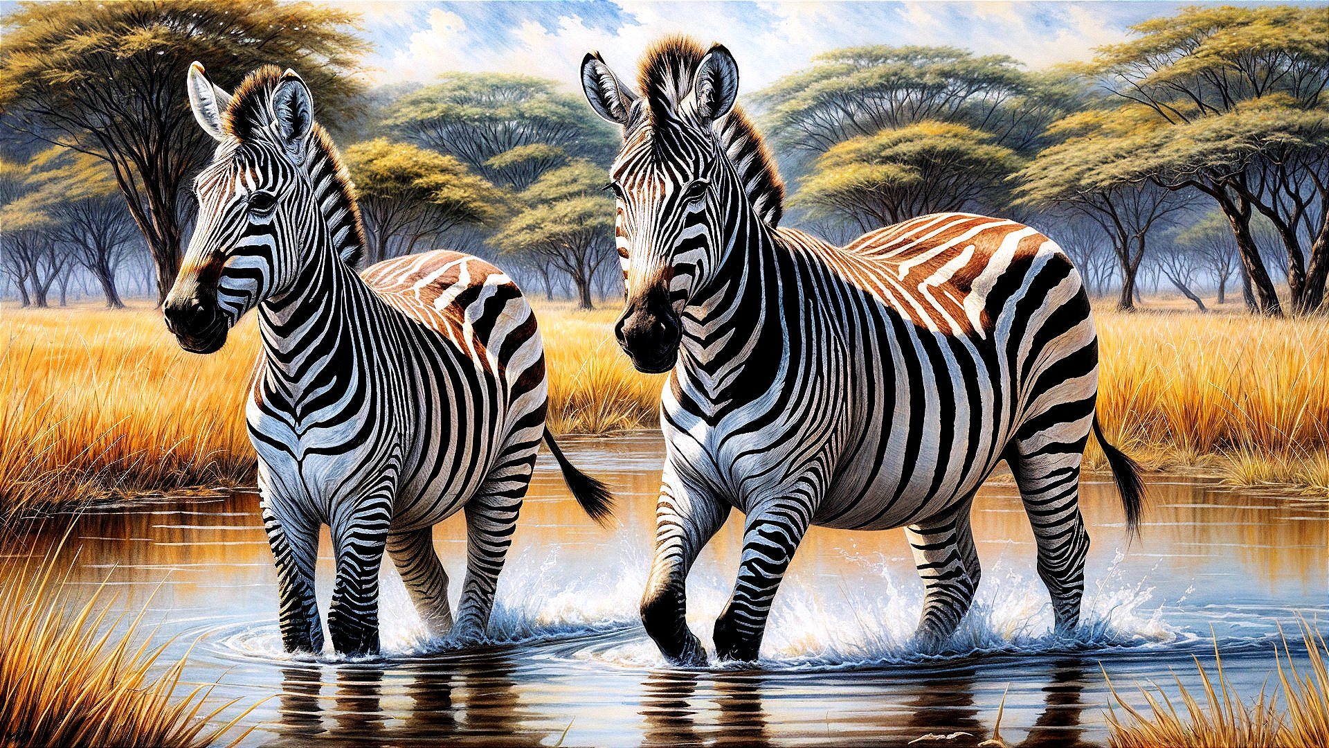 Zebras in Shallow Water on African Savanna Landscape