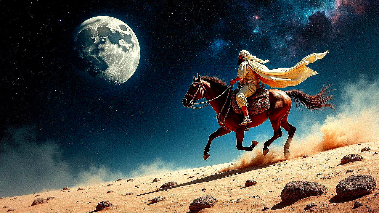 Lone Rider in Robes Galloping Under Night Sky
