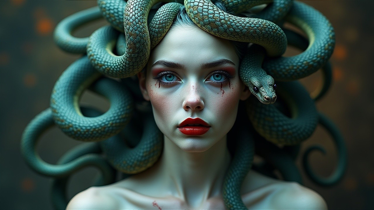 Figure with Serpent Hair and Emotional Expression