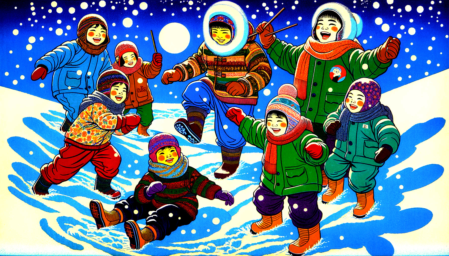 Children Playing in Snow Under Starry Sky
