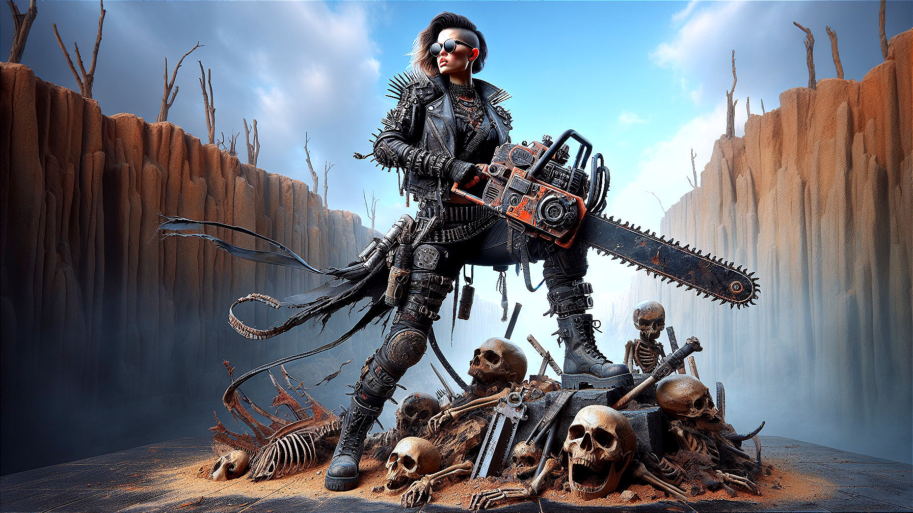 Warrior in Spiked Armor on Skull Pile with Chainsaw