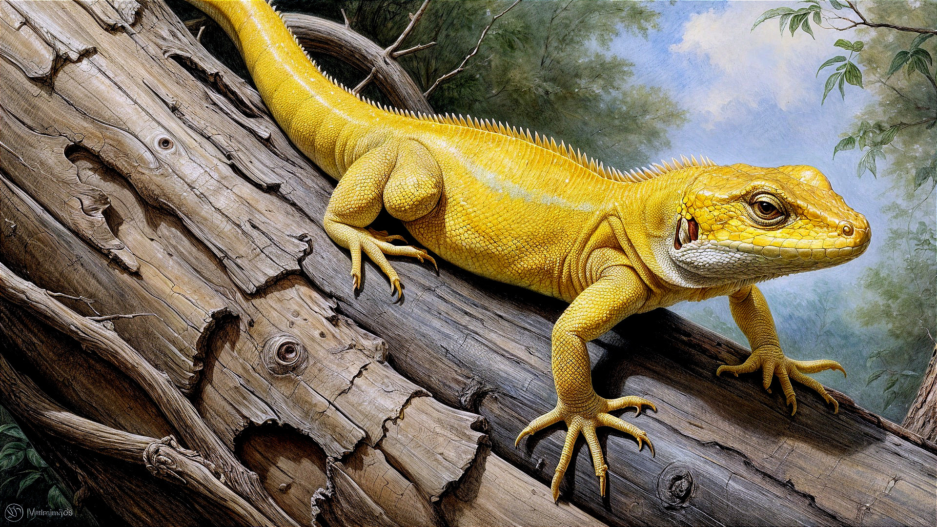 Vibrant Yellow Lizard on Weathered Log in Greenery