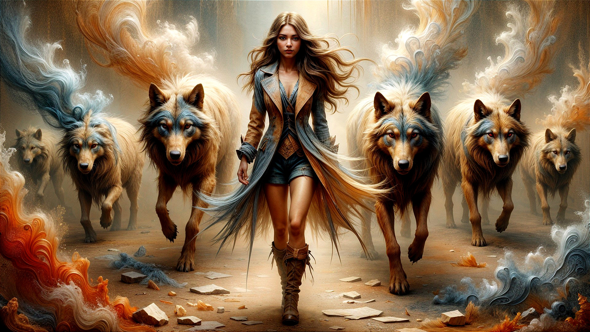 Mystical Scene of a Woman with Majestic Wolves