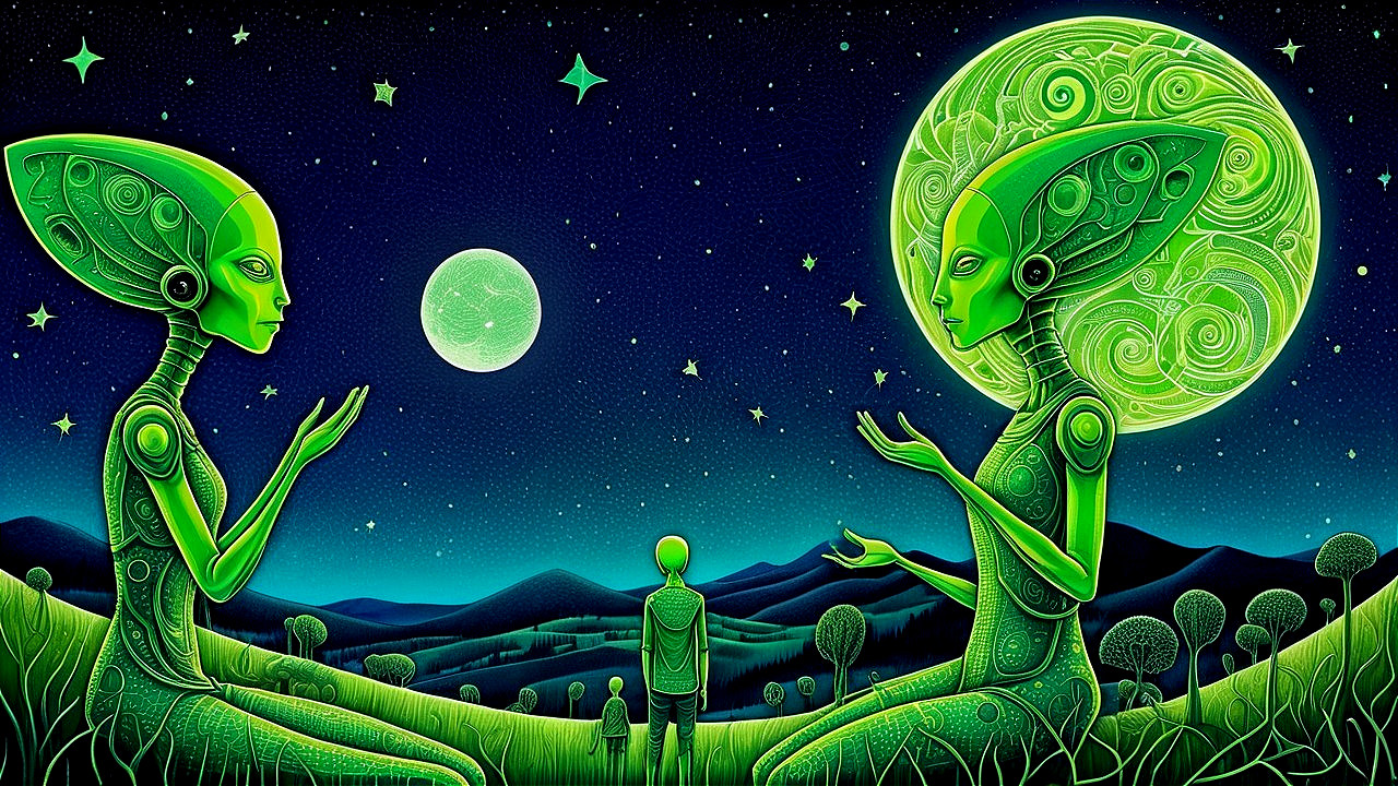 Alien Figures in Otherworldly Landscape with Moon and Stars