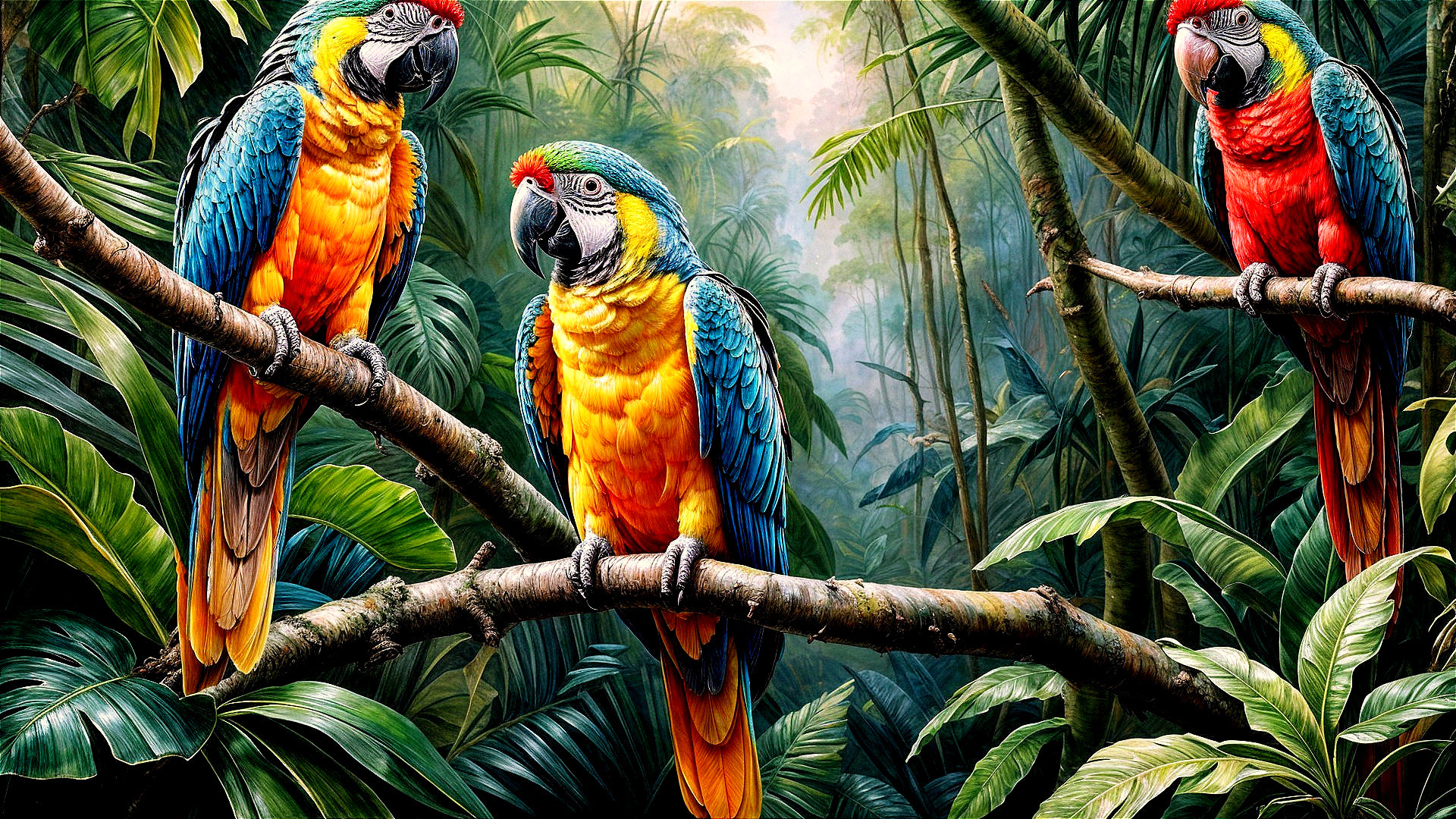 Vibrant Parrots in a Tropical Jungle Setting