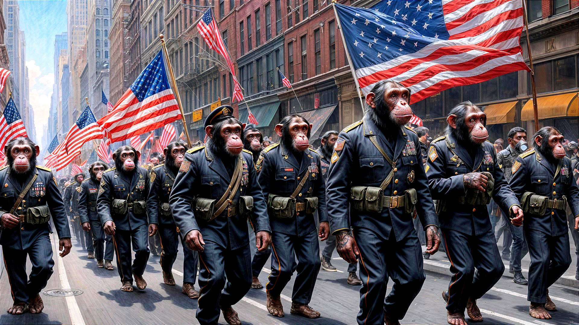 Lively Parade with Monkeys in Military Uniforms