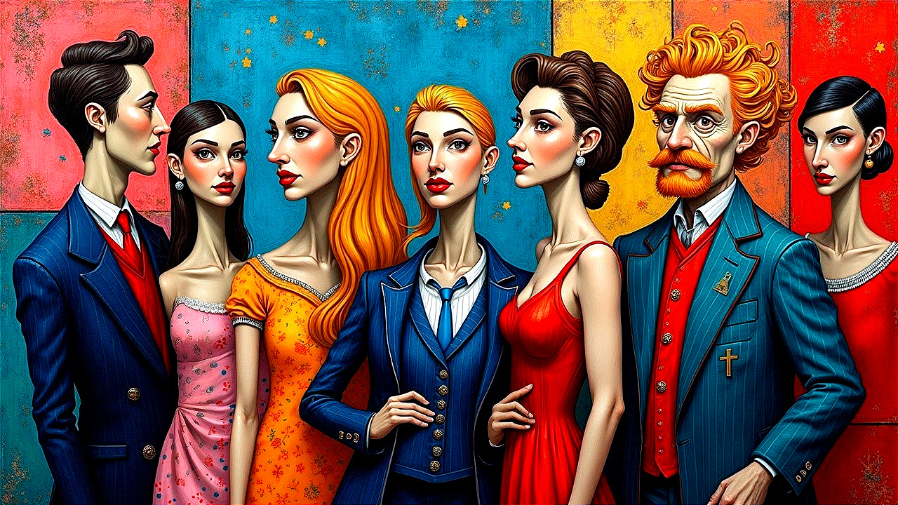 Vibrant Portrait of Six Elegantly Dressed Individuals