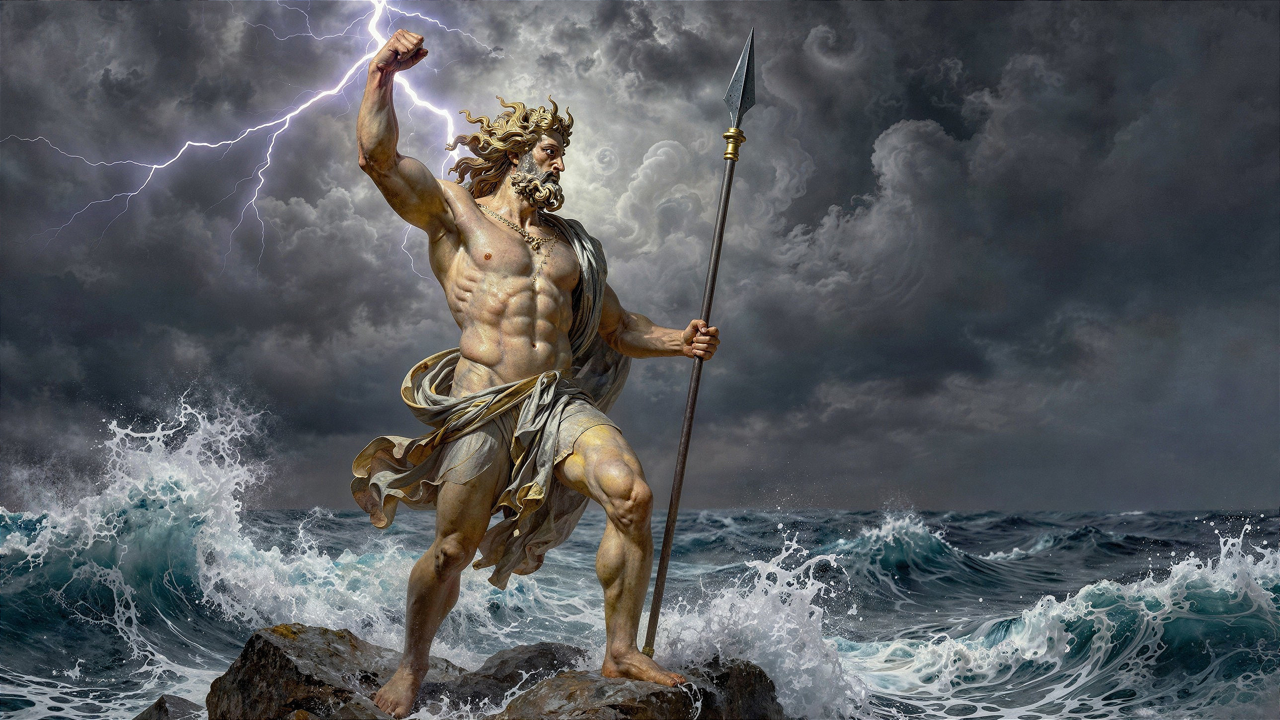 Digital Painting of Poseidon Amidst Turbulent Ocean