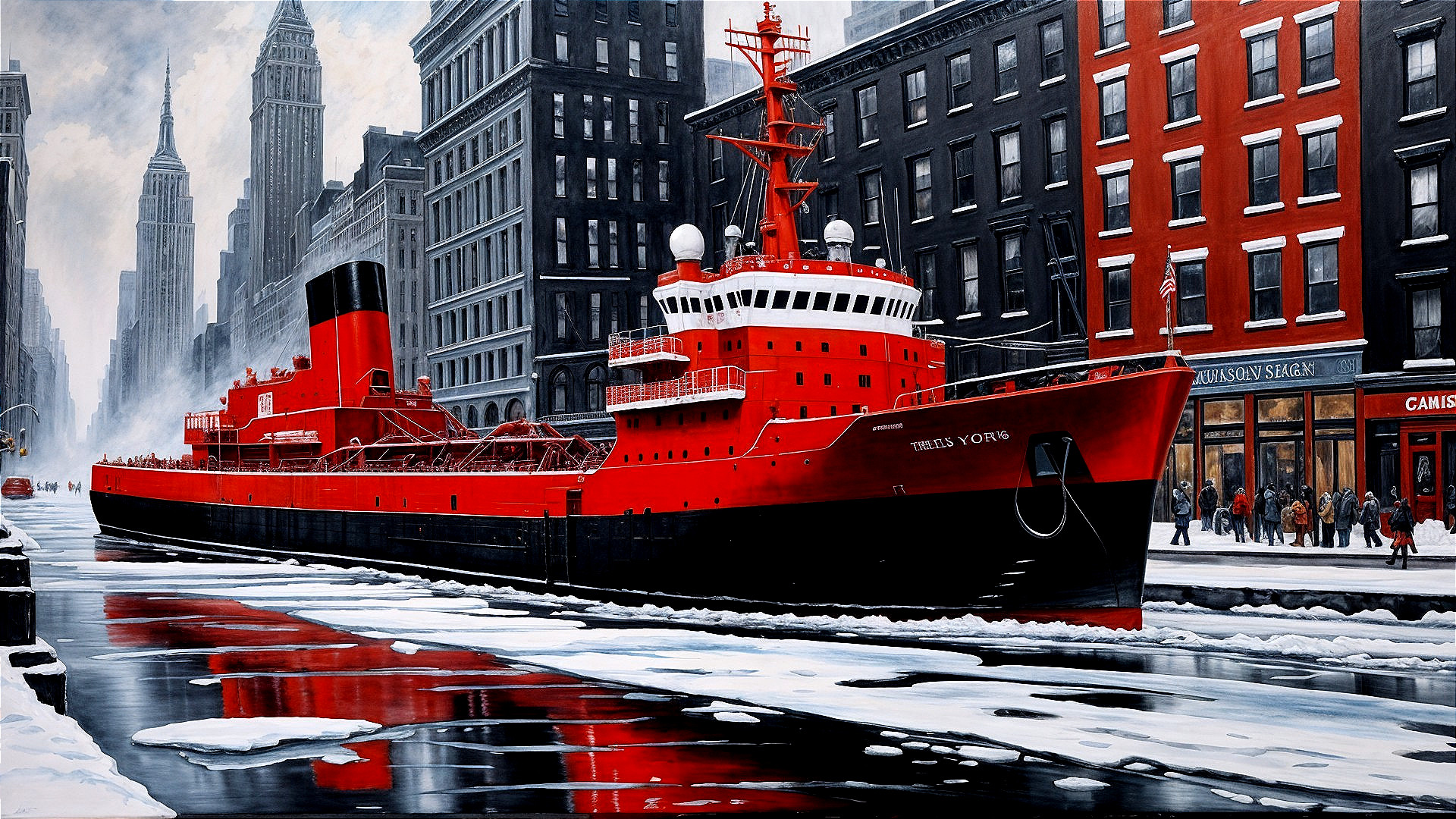 Red Icebreaker Ship in Icy Urban Landscape