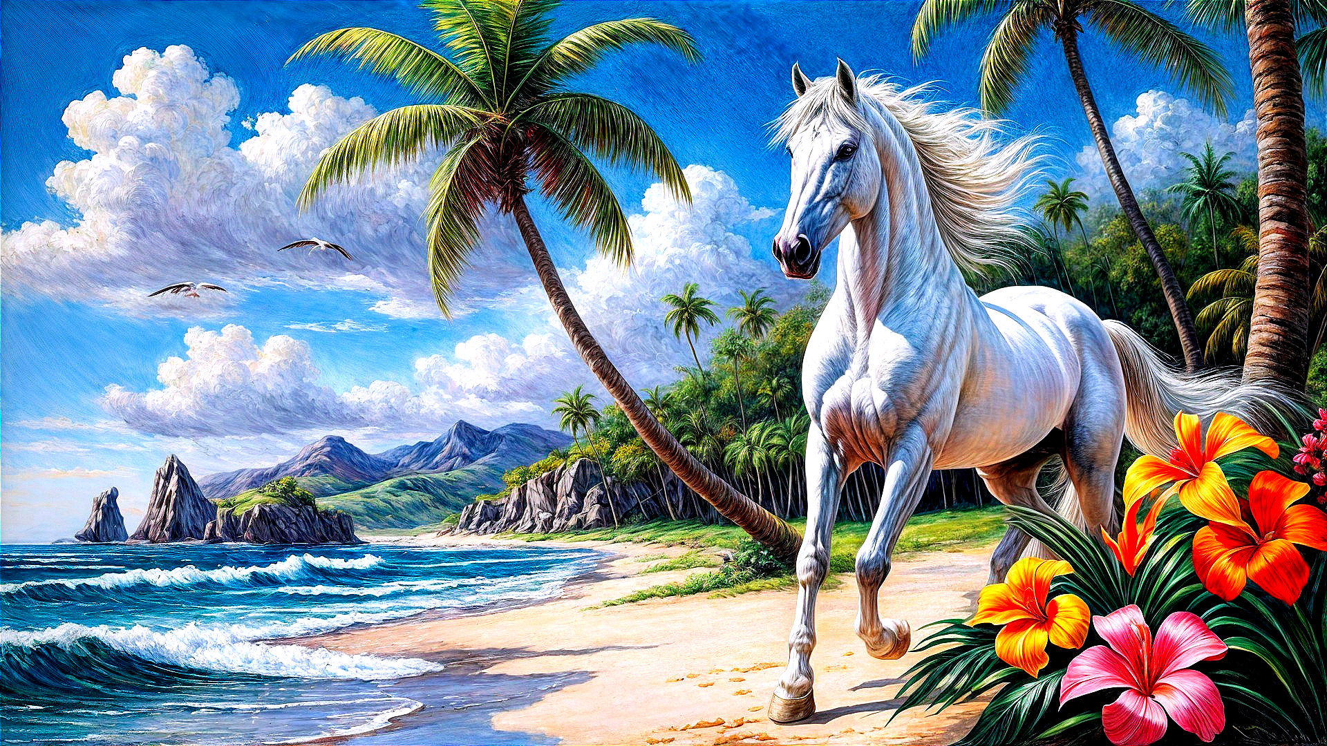 Majestic white horse on a tropical beach scene