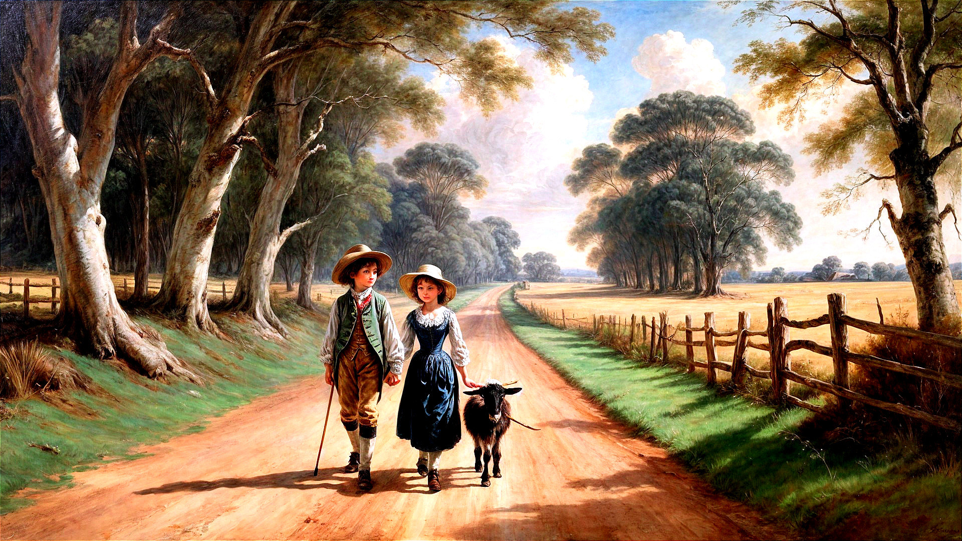 Children Walking on a Dusty Path with a Goat