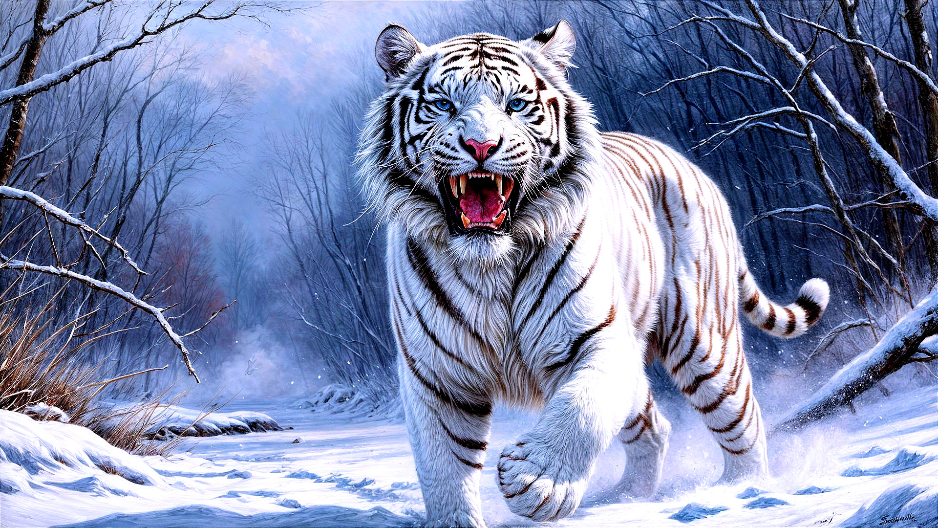 White Tiger in Snowy Forest Landscape