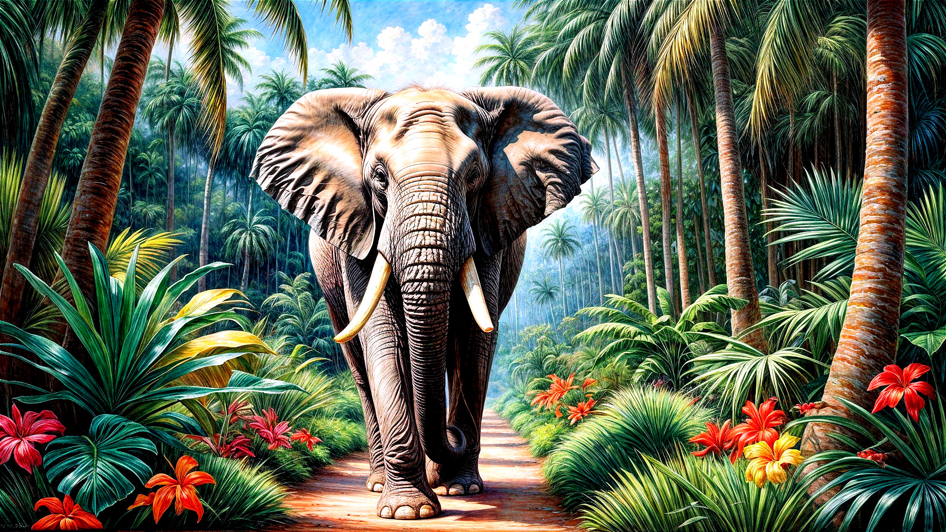 Elephant Walking Through Tropical Foliage and Flowers