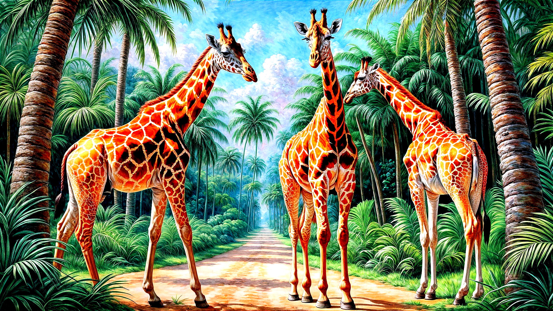 Elegant giraffes in lush greenery under a bright sky