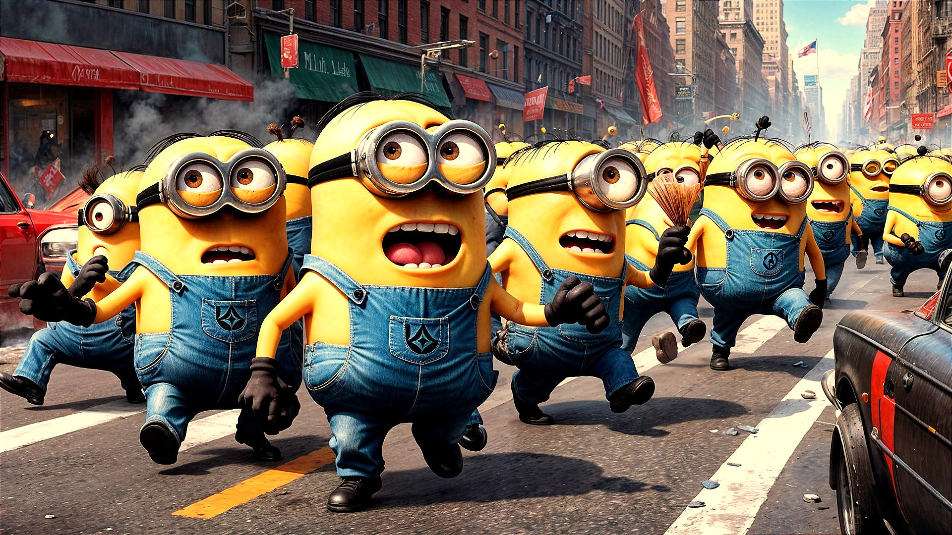 Cartoon Minions in a Bustling Urban Street Scene