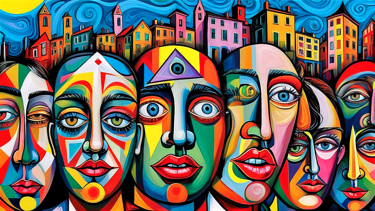 Abstract Artwork with Colorful Faces and Skyline