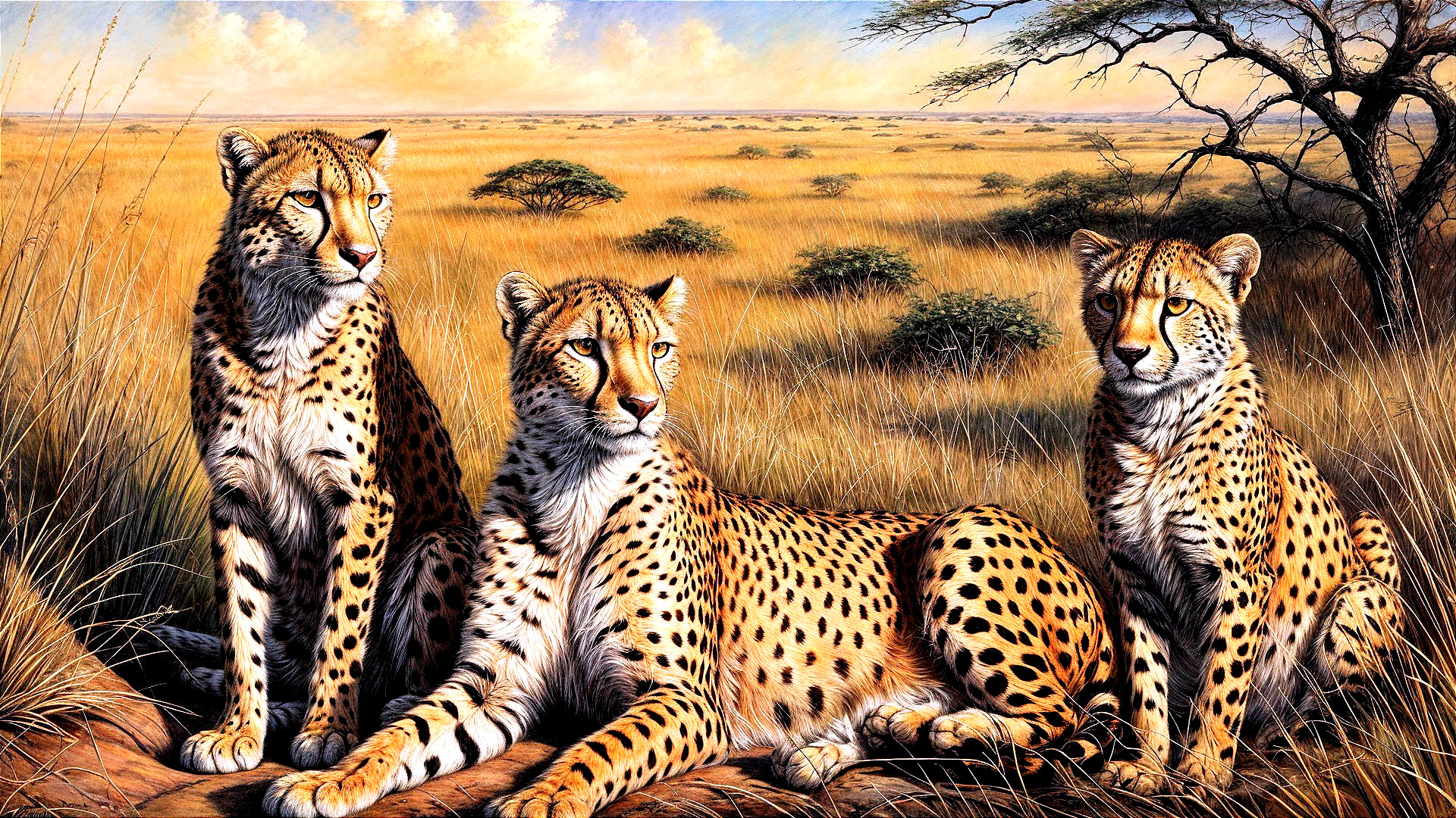 Cheetahs Resting on Rocky Outcrop in African Savanna