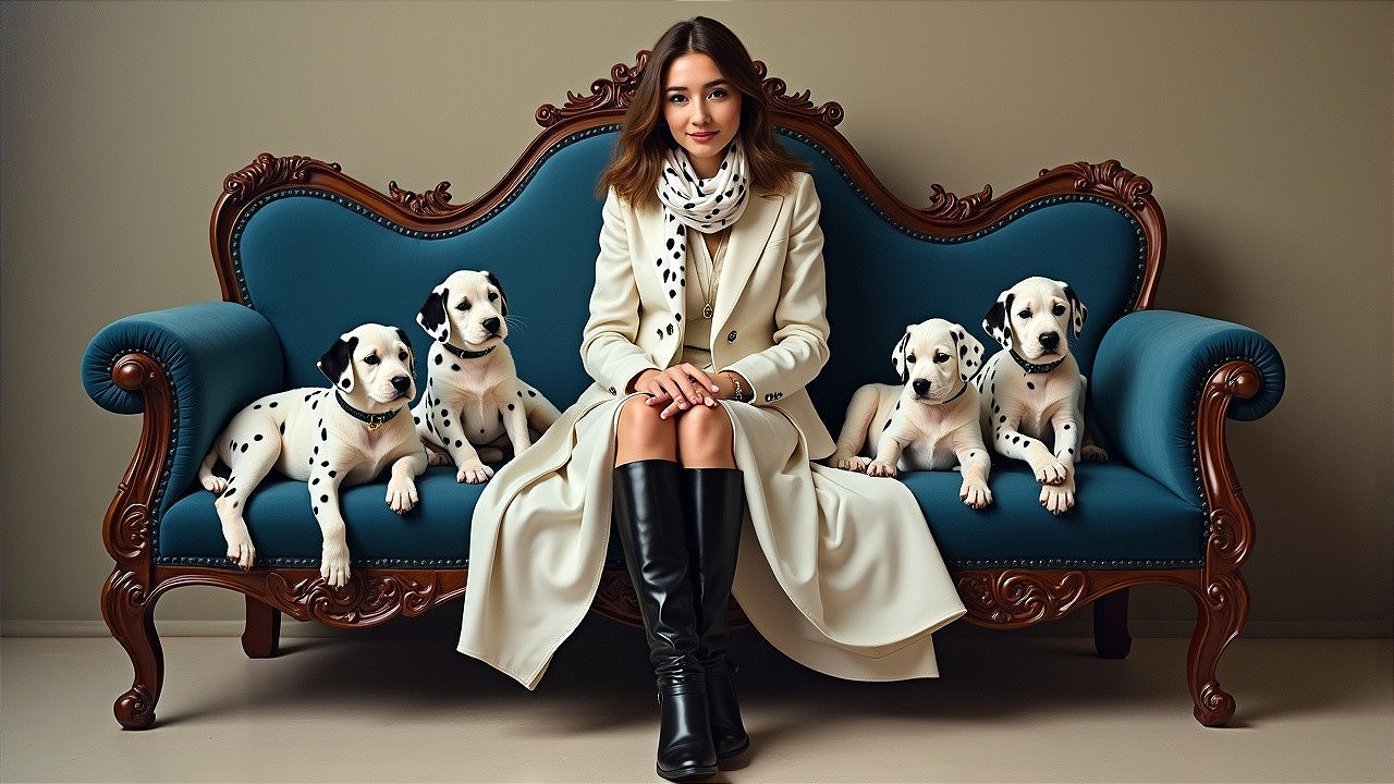 Young Woman in White Coat with Dalmatian Puppies