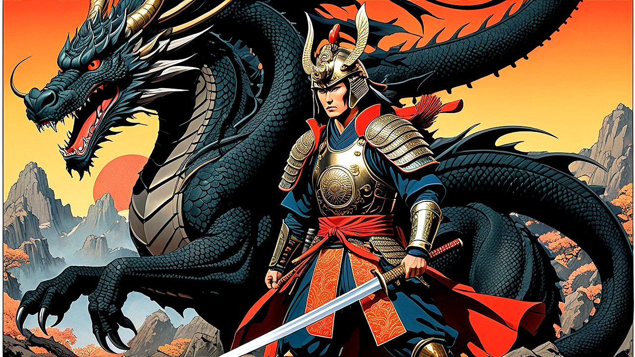 Samurai in Armor with Dragon at Sunset Landscape