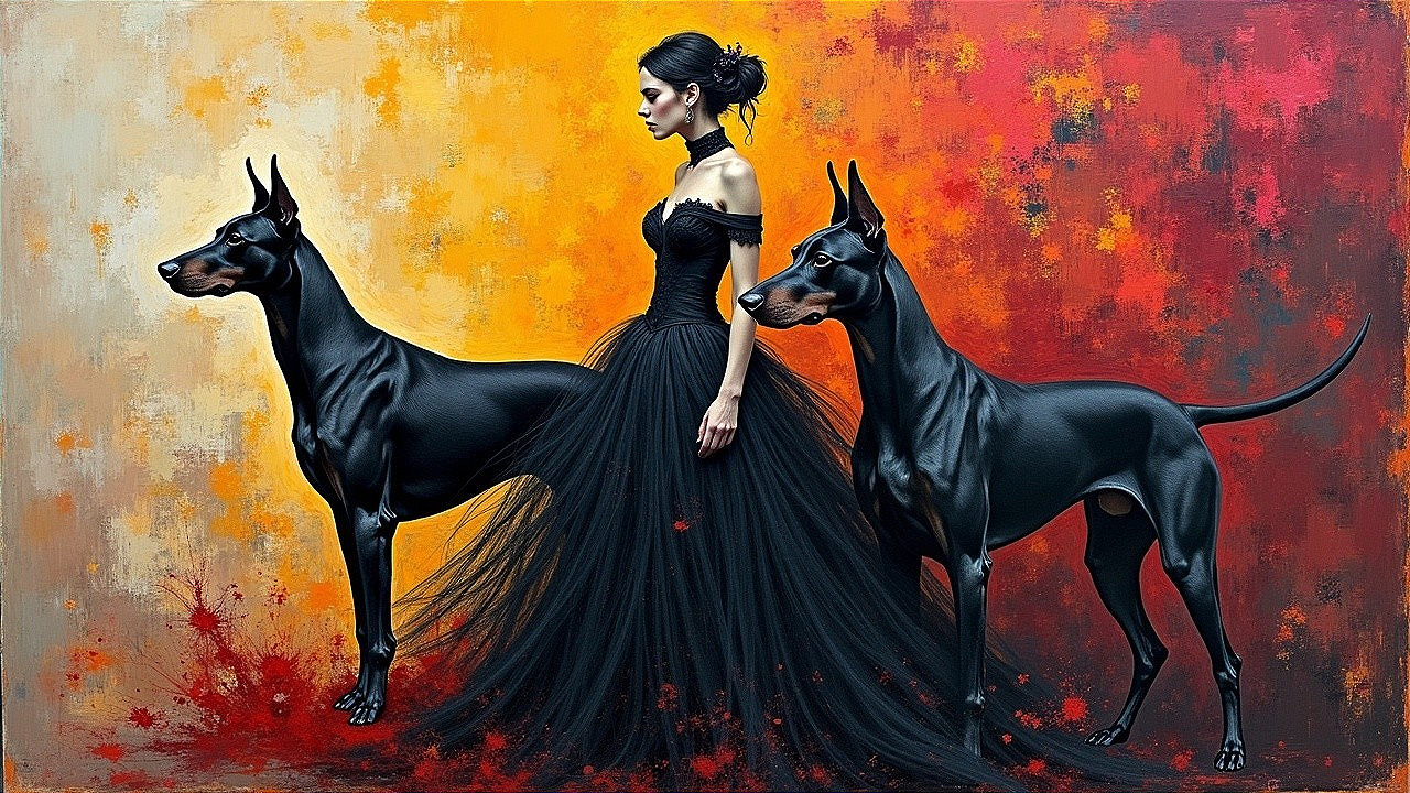 Elegant Woman in Black Gown with Doberman Dogs