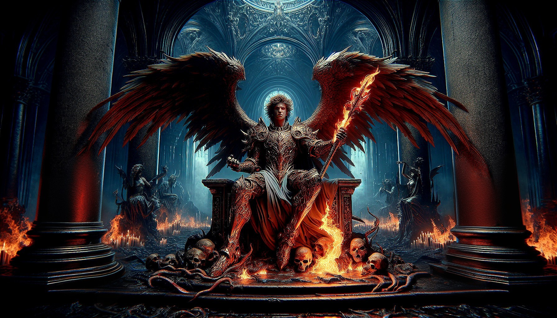 Gothic Throne Scene with Winged Figure and Flames