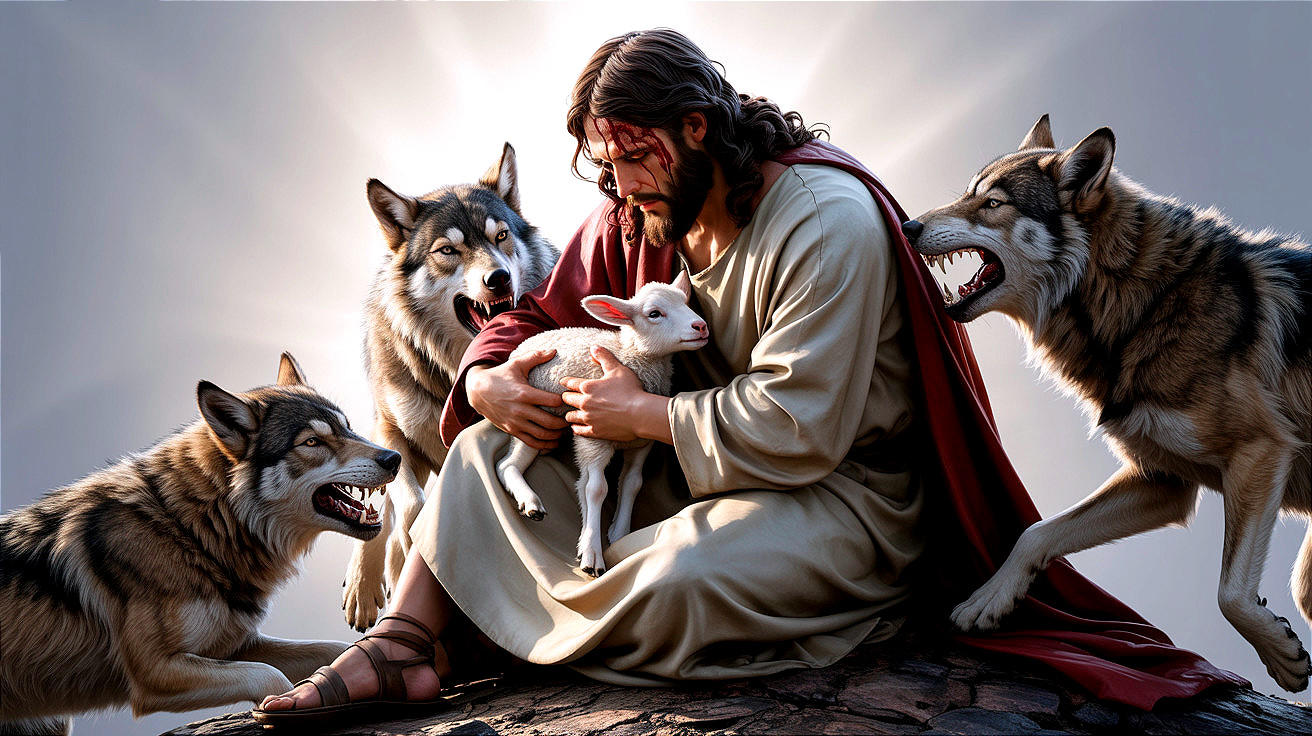 Compassionate figure with lamb amidst threatening wolves