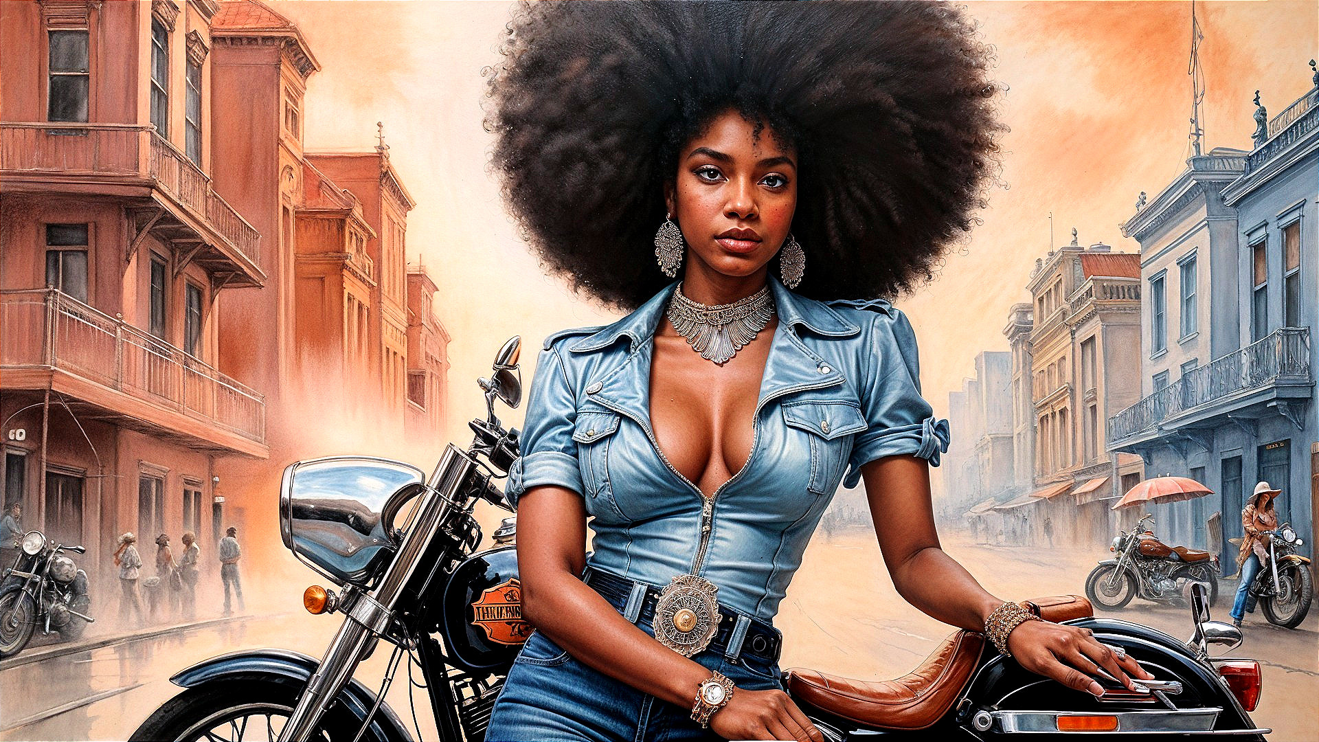 Confident Woman on Vintage Motorcycle with Historic Background