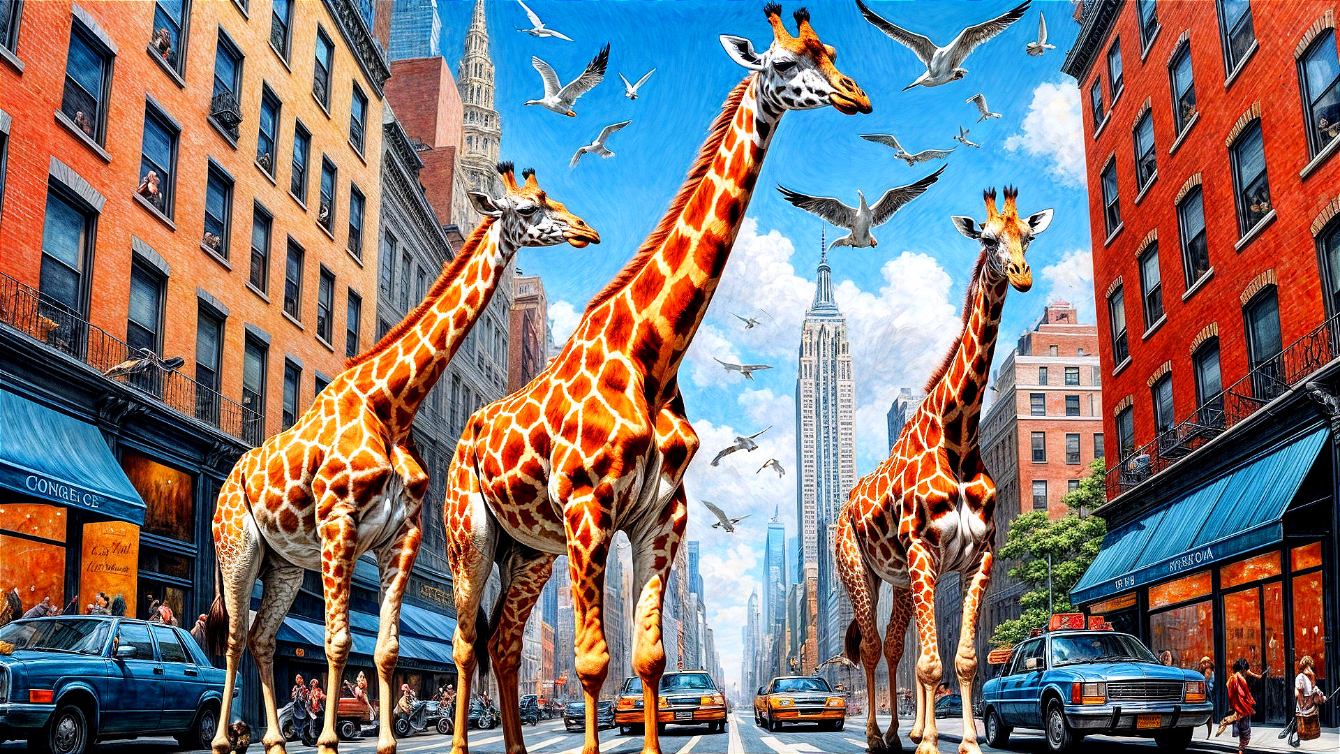 Giraffes Walking in a Busy Urban Street Scene