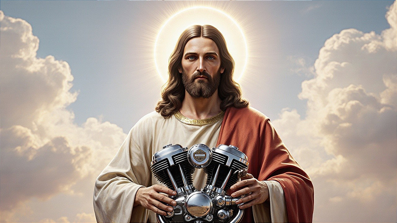 Biblical Figure with Motorcycle Engines Against Clouds