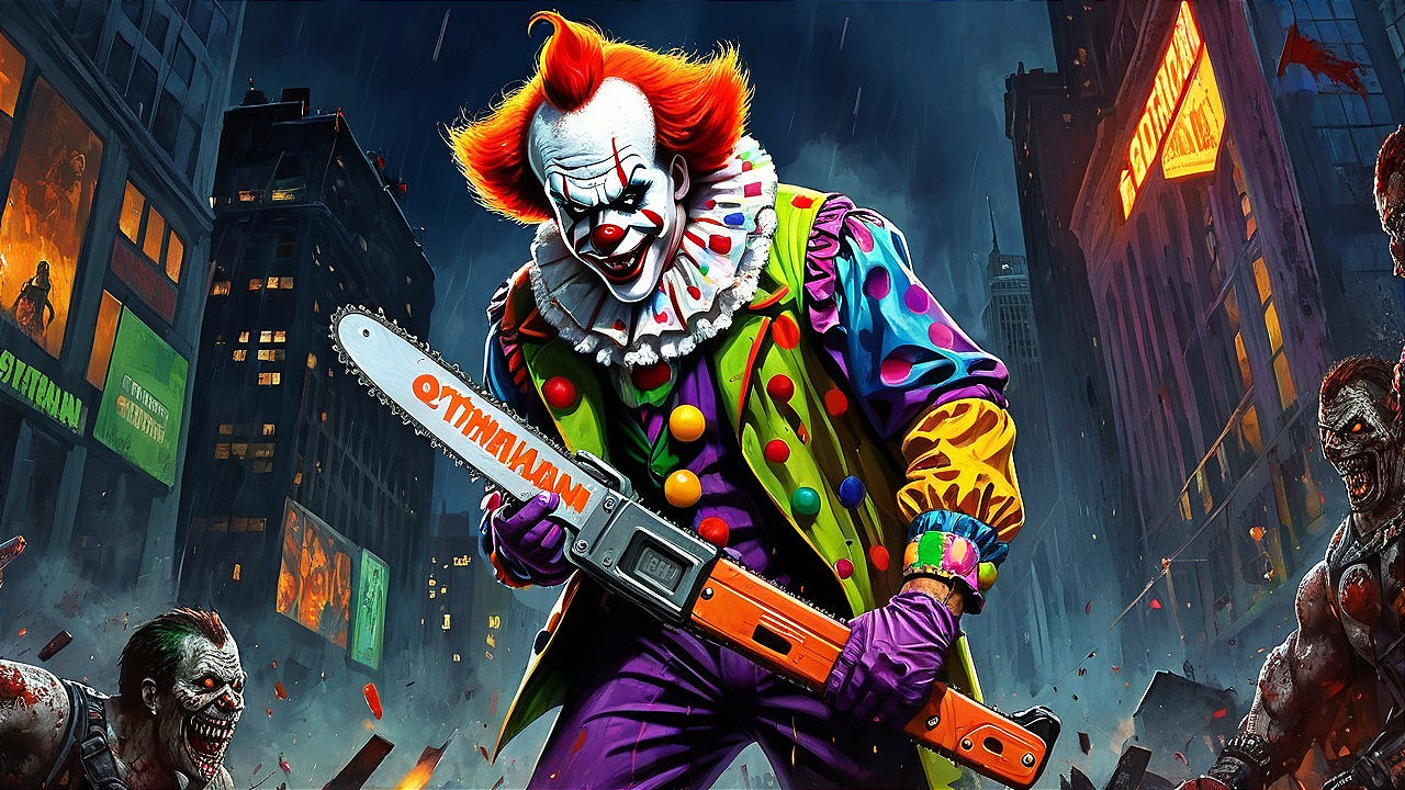 Menacing Clown with Chainsaw in Urban Horror Scene
