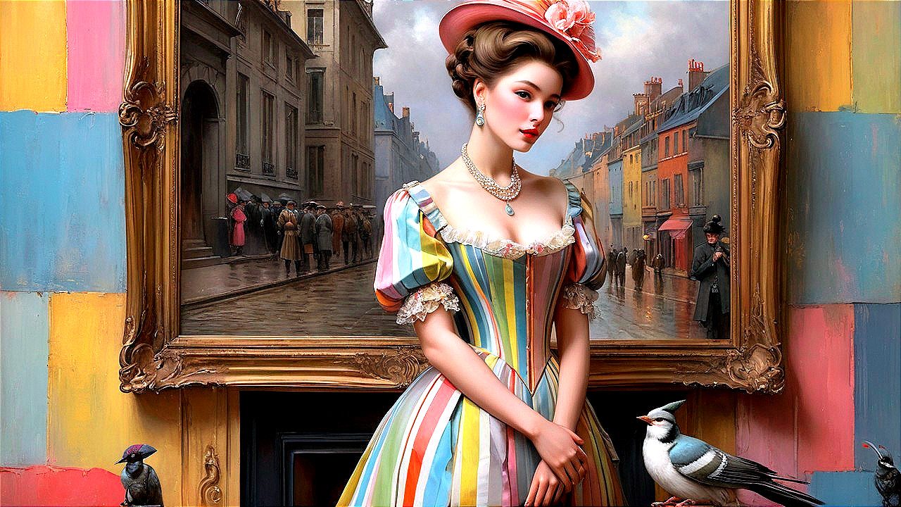 Young Woman in Striped Dress with Classical Painting