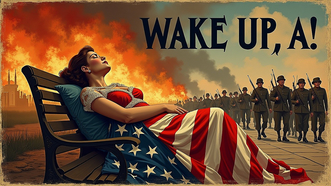 Woman in American Flag Amidst Soldiers and Flames
