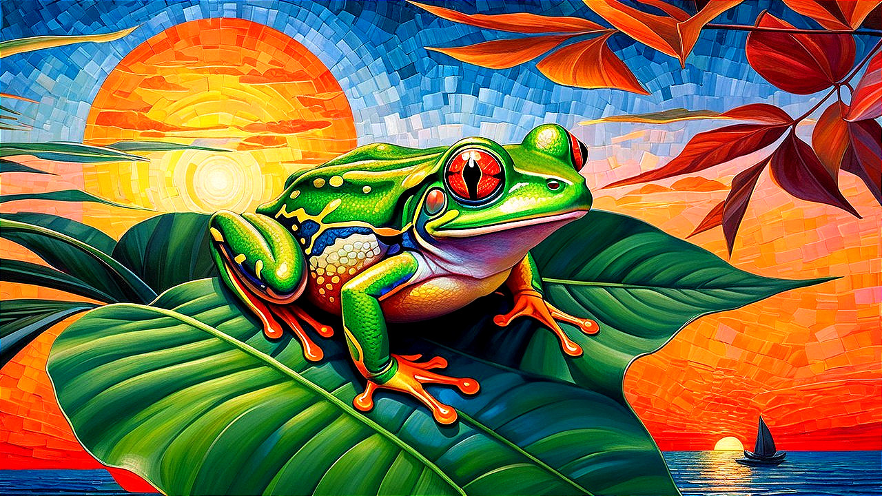 Colorful Sunset Scene with Green Tree Frog and Sailboat