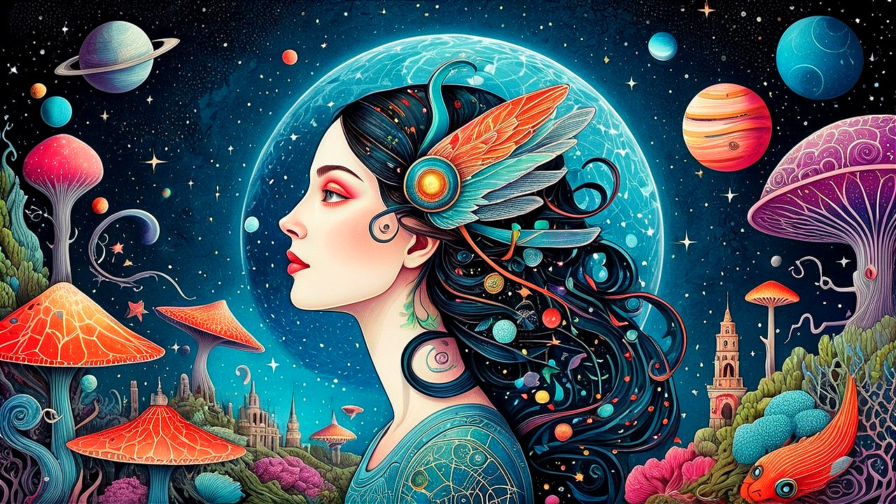 Whimsical Illustration of a Woman in Cosmic Landscape