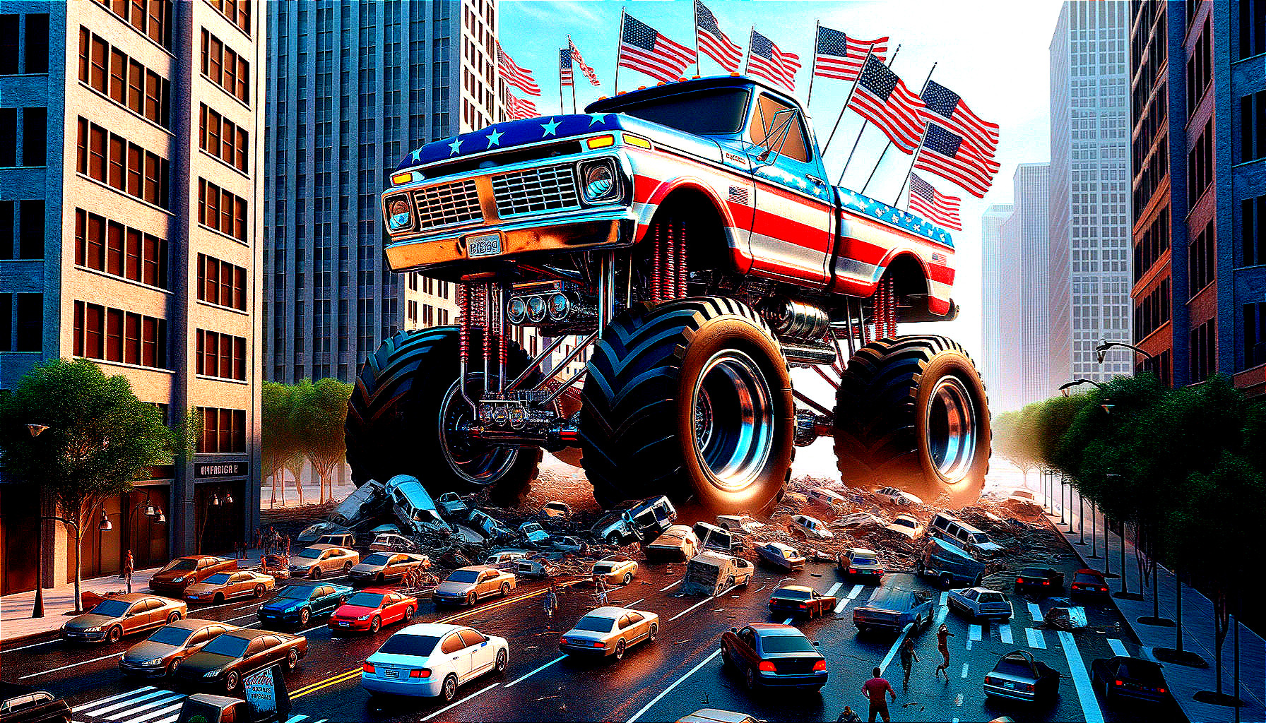 Colossal Monster Truck Crushing Cars in City Street