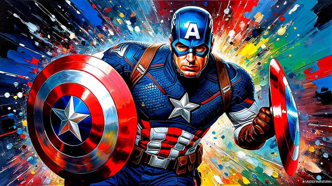 Superhero in Blue Costume with Shield and Vibrant Background